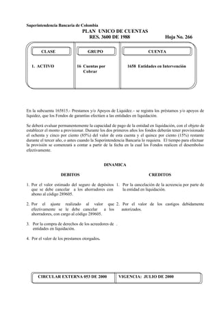 Superintendencia Bancaria de Colombia
PLAN UNICO DE CUENTAS
RES. 3600 DE 1988 Hoja No. 266
CIRCULAR EXTERNA 053 DE 2000 VIGENCIA: JULIO DE 2000
CLASE GRUPO CUENTA
1. ACTIVO 16 Cuentas por 1658 Entidades en Intervención
Cobrar
En la subcuenta 165815.- Prestamos y/o Apoyos de Liquidez.- se registra los préstamos y/o apoyos de
liquidez, que los Fondos de garantías efectúen a las entidades en liquidación.
Se deberá evaluar permanentemente la capacidad de pago de la entidad en liquidación, con el objeto de
establecer el monto a provisionar. Durante los dos primeros años los fondos deberán tener provisionado
el ochenta y cinco por ciento (85%) del valor de esta cuenta y el quince por ciento (15%) restante
durante el tercer año, o antes cuando la Superintendencia Bancaria lo requiera. El tiempo para efectuar
la provisión se comenzará a contar a partir de la fecha en la cual los Fondos realicen el desembolso
efectivamente.
DINAMICA
DEBITOS
1. Por el valor estimado del seguro de depósitos
que se debe cancelar a los ahorradores con
abono al código 289605.
2. Por el ajuste realizado al valor que
efectivamente se le debe cancelar a los
ahorradores, con cargo al código 289605.
3. Por la compra de derechos de los acreedores de
entidades en liquidación.
4. Por el valor de los prestamos otorgados.
CREDITOS
1. Por la cancelación de la acreencia por parte de
la entidad en liquidación.
2. Por el valor de los castigos debidamente
autorizados.
.
 