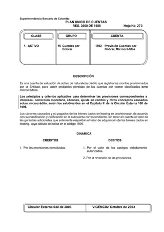 Superintendencia Bancaria de Colombia
PLAN UNICO DE CUENTAS
RES. 3600 DE 1988 Hoja No. 273
Circular Externa 040 de 2003 VIGENCIA: Octubre de 2003
CLASE GRUPO CUENTA
1. ACTIVO 16 Cuentas por 1692 Provisión Cuentas por
Cobrar Cobrar, Microcréditos
DESCRIPCIÓN
Es una cuenta de valuación de activo de naturaleza crédito que registra los montos provisionados
por la Entidad, para cubrir probables pérdidas de las cuentas por cobrar clasificadas como
microcréditos.
Los principios y criterios aplicables para determinar las provisiones correspondientes a
intereses, corrección monetaria, cánones, ajuste en cambio y otros conceptos causados
sobre microcrédito, serán los establecidos en el Capítulo II de la Circular Externa 100 de
1995.
Los cánones causados y no pagados de los bienes dados en leasing se provisionarán de acuerdo
con su clasificación y calificación en la subcuenta correspondiente, sin tener en cuenta el valor de
las garantías adicionales que solamente respaldan el valor de adquisición de los bienes dados en
leasing, cuyo cálculo se indica en el código 1899.
DINAMICA
CREDITOS
1. Por las provisiones constituidas.
DEBITOS
1. Por el valor de los castigos debidamente
autorizados.
2. Por la reversión de las provisiones.
 