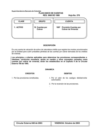 Superintendencia Bancaria de Colombia
PLAN UNICO DE CUENTAS
RES. 3600 DE 1988 Hoja No. 276
Circular Externa 040 de 2003 VIGENCIA: Octubre de 2003
CLASE GRUPO CUENTA
1. ACTIVO 16 Cuentas por 1697 Provisión Cuentas por
Cobrar Cobrar de Vivienda
DESCRIPCIÓN
Es una cuenta de valuación de activo de naturaleza crédito que registra los montos provisionados
por la Entidad para cubrir probables pérdidas de las cuentas por cobrar derivadas de los créditos
de vivienda.
Los principios y criterios aplicables para determinar las provisiones correspondientes a
intereses, corrección monetaria, ajuste en cambio y otros conceptos causados como
cuentas por cobrar de vivienda, serán los establecidos en el Capítulo II de la Circular
Externa 100 de 1995.
DINAMICA
CREDITOS
1. Por las provisiones constituidas.
DEBITOS
1. Por el valor de los castigos debidamente
autorizados.
2. Por la reversión de las provisiones.
.
 