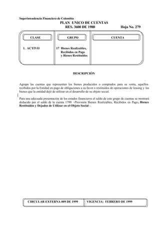 Superintendencia Financiera de Colombia
PLAN UNICO DE CUENTAS
RES. 3600 DE 1988 Hoja No. 279
CIRCULAR EXTERNA 009 DE 1999 VIGENCIA: FEBRERO DE 1999
CLASE GRUPO CUENTA
1. ACTIVO 17 Bienes Realizables,
Recibidos en Pago
y Bienes Restituidos
DESCRIPCIÓN
Agrupa las cuentas que representan los bienes producidos o comprados para su venta, aquéllos
recibidos por la Entidad en pago de obligaciones a su favor o restituidos de operaciones de leasing y los
bienes que la entidad dejó de utilizar en el desarrollo de su objeto social.
Para una adecuada presentación de los estados financieros el saldo de este grupo de cuentas se mostrará
deducido por el saldo de la cuenta 1799 -Provisión Bienes Realizables, Recibidos en Pago, Bienes
Restituidos y Dejados de Utilizar en el Objeto Social -.
 