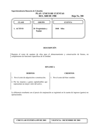 Superintendencia Bancaria de Colombia
PLAN UNICO DE CUENTAS
RES. 3600 DE 1988 Hoja No. 300
CIRCULAR EXTERNA 059 DE 2001 VIGENCIA: DICIEMBRE DE 2001
CLASE GRUPO CUENTA
1. ACTIVO 18 Propiedades y 1840 Silos
Equipo
DESCRIPCIÓN
Registra el costo de equipos de silos para el almacenamiento y conservación de bienes, en
cumplimiento de funciones específicas de la Entidad.
DINAMICA
DEBITOS
1. Por el costo de adquisición o construcción.
2. Por las mejoras y gastos capitalizables que
representan un mayor valor del activo.
CREDITOS
1. Por el costo del bien vendido.
La diferencia resultante con el precio de enajenación se registrará en la cuenta de ingresos (gastos) no
operacionales.
 
