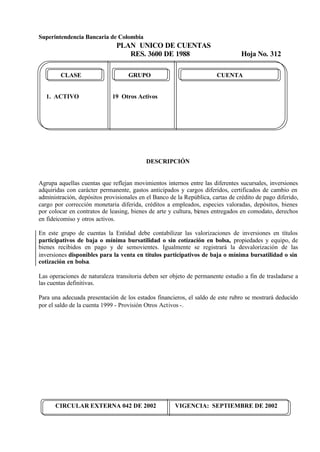 Superintendencia Bancaria de Colombia
PLAN UNICO DE CUENTAS
RES. 3600 DE 1988 Hoja No. 312
CIRCULAR EXTERNA 042 DE 2002 VIGENCIA: SEPTIEMBRE DE 2002
CLASE GRUPO CUENTA
1. ACTIVO 19 Otros Activos
DESCRIPCIÓN
Agrupa aquellas cuentas que reflejan movimientos internos entre las diferentes sucursales, inversiones
adquiridas con carácter permanente, gastos anticipados y cargos diferidos, certificados de cambio en
administración, depósitos provisionales en el Banco de la República, cartas de crédito de pago diferido,
cargo por corrección monetaria diferida, créditos a empleados, especies valoradas, depósitos, bienes
por colocar en contratos de leasing, bienes de arte y cultura, bienes entregados en comodato, derechos
en fideicomiso y otros activos.
En este grupo de cuentas la Entidad debe contabilizar las valorizaciones de inversiones en títulos
participativos de baja o mínima bursatilidad o sin cotización en bolsa, propiedades y equipo, de
bienes recibidos en pago y de semovientes. Igualmente se registrará la desvalorización de las
inversiones disponibles para la venta en títulos participativos de baja o mínima bursatilidad o sin
cotización en bolsa.
Las operaciones de naturaleza transitoria deben ser objeto de permanente estudio a fin de trasladarse a
las cuentas definitivas.
Para una adecuada presentación de los estados financieros, el saldo de este rubro se mostrará deducido
por el saldo de la cuenta 1999 - Provisión Otros Activos -.
 