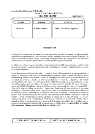 Superintendencia Bancaria de Colombia
PLAN UNICO DE CUENTAS
RES. 3600 DE 1988 Hoja No. 313
CIRCULAR EXTERNA 059 DE 2001 VIGENCIA: DICIEMBRE DE 2001
CLASE GRUPO CUENTA
1. ACTIVO 19 Otros Activos 1904 Sucursales y Agencias
DESCRIPCIÓN
Registra el movimiento de las operaciones realizadas entre agencias, sucursales y oficina principal,
exclusivamente por operaciones que tienen que ver con traslado de conceptos activos y de gastos. Su
saldo es de naturaleza débito cuando existan notas débito pendientes por corresponder o de naturaleza
crédito cuando, en contrario, representa notas crédito pendientes por corresponder.
La oficina que origine la operación deberá efectuar el registro contable mediante cargos o abonos a las
diversas subcuentas. La oficina que corresponda contabilizará la operación mediante abonos o cargos
en la misma subcuenta.
Con el anterior procedimiento, al revelar la existencia de un saldo consolidado de naturaleza débito o
crédito, se indica que tales saldos al corresponderse finalmente, suman o restan un rubro de activo
determinado y mientras tanto pueden "valuar" un concepto activo, dado que si el valor consolidado es
de naturaleza contraria a la de los activos, los disminuye y viceversa. Ejemplo: El traslado
correspondiente a los pagos por amortización de un crédito administrado en sucursal diferente a la que
los recibe, implica que ésta última, al originar el registro para el traslado del pago, utilizará la
subcuenta 190410 -Traslado de Cartera de Créditos- como contrapartida del cargo a la cuenta 1105 -
Caja- si el pago se realiza en efectivo. Nótese que, finalmente, al corresponderse la operación
disminuye la cartera de créditos y hasta que ello no ocurra, su revelación en la subcuenta 190410 será
de naturaleza crédito, "valuativa" de la cartera de créditos de la Entidad. En caso que un crédito se
traslade para ser administrado por otra sucursal utilizará la subcuenta 190410 -Traslado de Cartera de
Créditos- como contrapartida del abono registrado en el respectivo código del grupo 14. En este
evento, hasta tanto no se corresponda la operación, su revelación en la subcuenta 190410 será de
naturaleza débito y permitirá conocer el valor total de la cartera de créditos de la Entidad, pues el
mismo se sumaría al saldo del grupo 14, sin perjuicio de lo establecido en el capítulo II de la Circular
Básica Contable y Financiera (Circular Externa 100 de 1995).
 