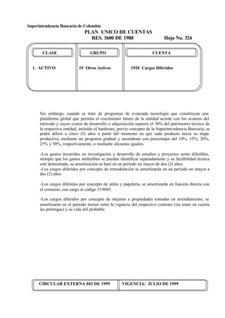 Superintendencia Bancaria de Colombia
PLAN UNICO DE CUENTAS
RES. 3600 DE 1988 Hoja No. 324
CIRCULAR EXTERNA 043 DE 1999 VIGENCIA: JULIO DE 1999
CLASE GRUPO CUENTA
1. ACTIVO 19 Otros Activos 1920 Cargos Diferidos
Sin embargo, cuando se trate de programas de avanzada tecnología que constituyan una
plataforma global que permita el crecimiento futuro de la entidad acorde con los avances del
mercado y cuyos costos de desarrollo o adquisisción superen el 30% del patrimonio técnico de
la respectiva entidad, incluído el hardware, previo concepto de la Superintendencia Bancaria, se
podrá diferir a cinco (5) años a partir del momento en que cada producto inicia su etapa
productiva, mediante un programa gradual y ascendente con porcentajes del 10%, 15%, 20%,
25% y 30%, respectivamente, o mediante alícuotas iguales.
-Los gastos incurridos en investigación y desarrollo de estudios y proyectos serán diferibles,
siempre que los gastos atribuibles se puedan identificar separadamente y su factibilidad técnica
esté demostrada, su amortización se hará en un período no mayor de dos (2) años.
-Los cargos diferidos por concepto de remodelación se amortizarán en un período no mayor a
dos (2) años.
-Los cargos diferidos por concepto de utiles y papelería, se amortizarán en función directa con
el consumo, con cargo al código 519045.
-Los cargos diferidos por concepto de mejoras a propiedades tomadas en arrendamiento, se
amortizarán en el período menor entre la vigencia del respectivo contrato (sin tener en cuenta
las prórrogas) y su vida útil probable.
 