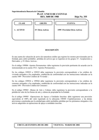 Superintendencia Bancaria de Colombia
PLAN UNICO DE CUENTAS
RES. 3600 DE 1988 Hoja No. 355
CIRCULAR EXTERNA 001 DE 2002 VIGENCIA: MARZO DE 2002
CLASE GRUPO CUENTA
1. ACTIVO 19 Otros Activos 1999 Provisión Otros Activos
DESCRIPCIÓN
Es una cuenta de valuación de activo de naturaleza crédito que registra los montos provisionados por la
Entidad, para cubrir probables pérdidas de activos que se registran en los grupos 15 -Aceptaciones y
Derivados- y 19 -Otros Activos-.
En el código 199904 -Aportes Permanentes- debe registrarse la provisión pertinente de acuerdo con lo
instrumentado en la cuenta 1912 -Aportes Permanentes-.
En los códigos 199923 a 199932 debe registrarse la provisión correspondiente a los créditos de
vivienda otorgados a los empleados, establecida de conformidad con las instrucciones indicadas en la
cuenta 1489 –Provisión Créditos de Vivienda -.
En los códigos 199934 a 199944 debe registrarse la provisión correspondiente a los créditos de
consumo otorgados a los empleados, establecida de conformidad con las instrucciones indicadas en la
cuenta 1491 -Provisión Créditos de Consumo-.
En el código 199965 -Bienes de Arte y Cultura- debe registrarse la provisión correspondiente a la
pérdida de valor de los bienes de arte y cultura de propiedad de la Entidad.
En el código 199985 -Operaciones de Apoyo a Entidades Inscritas- debe registrarse una provisión
equivalente al 100% del valor registrado en la subcuenta 198505 -Capitalizaciones- y las demás
provisiones constituidas por la entidad para cubrir probables pérdidas por los préstamos otorgados o los
activos adquiridos en operaciones de apoyo a entidades inscritas.
 