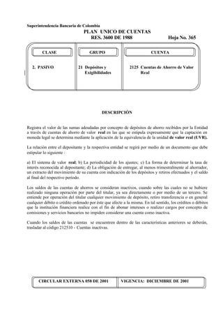 Superintendencia Bancaria de Colombia
PLAN UNICO DE CUENTAS
RES. 3600 DE 1988 Hoja No. 365
CIRCULAR EXTERNA 058 DE 2001 VIGENCIA: DICIEMBRE DE 2001
CLASE GRUPO CUENTA
2. PASIVO 21 Depósitos y 2125 Cuentas de Ahorro de Valor
Exigibilidades Real
DESCRIPCIÓN
Registra el valor de las sumas adeudadas por concepto de depósitos de ahorro recibidos por la Entidad
a través de cuentas de ahorro de valor real en las que se estipula expresamente que la captación en
moneda legal se determina mediante la aplicación de la equivalencia de la unidad de valor real (UVR).
La relación entre el depositante y la respectiva entidad se regirá por medio de un documento que debe
estipular lo siguiente :
a) El sistema de valor real; b) La periodicidad de los ajustes; c) La forma de determinar la tasa de
interés reconocida al depositante; d) La obligación de entregar, al menos trimestralmente al ahorrador,
un extracto del movimiento de su cuenta con indicación de los depósitos y retiros efectuados y el saldo
al final del respectivo período.
Los saldos de las cuentas de ahorros se consideran inactivos, cuando sobre las cuales no se hubiere
realizado ninguna operación por parte del titular, ya sea directamente o por medio de un tercero. Se
entiende por operación del titular cualquier movimiento de depósito, retiro transferencia o en general
cualquier débito o crédito ordenado por éste que afecte a la misma. En tal sentido, los créditos o débitos
que la institución financiera realice con el fin de abonar intereses o realizar cargos por concepto de
comisiones y servicios bancarios no impiden considerar una cuenta como inactiva.
Cuando los saldos de las cuentas se encuentren dentro de las características anteriores se deberán,
trasladar al código 212510 - Cuentas inactivas.
 