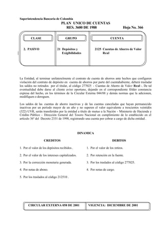 Superintendencia Bancaria de Colombia
PLAN UNICO DE CUENTAS
RES. 3600 DE 1988 Hoja No. 366
CIRCULAR EXTERNA 058 DE 2001 VIGENCIA: DICIEMBRE DE 2001
CLASE GRUPO CUENTA
2. PASIVO 21 Depósitos y 2125 Cuentas de Ahorro de Valor
Exigibilidades Real
La Entidad, al terminar unilateralmente el contrato de cuenta de ahorros ante hechos que configuren
violación del contrato de depósito en cuenta de ahorros por parte del cuentahabiente, deberá trasladar
los saldos no retirados por el titular, al código 277025 - Cuentas de Ahorro de Valor Real -. De tal
eventualidad debe darse al cliente aviso oportuno, dejando en el correspondiente fólder constancia
expresa del hecho, en los términos de la Circular Externa 044/88 y demás normas que la adicionen,
modifiquen o deroguen.
Los saldos de las cuentas de ahorro inactivas y de las cuentas canceladas que hayan permanecido
inactivas por un período mayor de un año y no superen el valor equivalente a trescientos veintidós
(322) UVR, serán transferidos por la entidad a título de mutuo a la Nación - Ministerio de Hacienda y
Crédito Público - Dirección General del Tesoro Nacional en cumplimiento de lo establecido en el
artículo 36º del Decreto 2331 de 1998, registrando una cuenta por cobrar a cargo de dicha entidad .
DINAMICA
CREDITOS
1. Por el valor de los depósitos recibidos .
2. Por el valor de los intereses capitalizados.
3. Por la corrección monetaria generada.
4. Por notas de abono.
5. Por los traslados al código 212510 .
DEBITOS
1. Por el valor de los retiros.
2. Por retención en la fuente.
3. Por los traslados al código 277025.
4. Por notas de cargo.
 