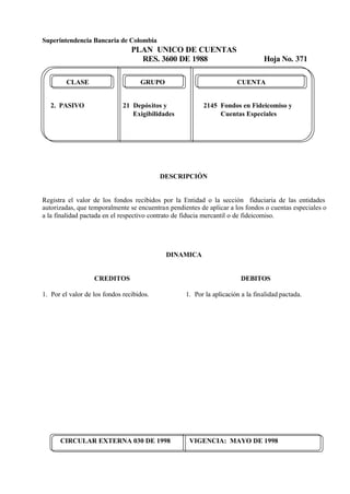 Superintendencia Bancaria de Colombia
PLAN UNICO DE CUENTAS
RES. 3600 DE 1988 Hoja No. 371
CIRCULAR EXTERNA 030 DE 1998 VIGENCIA: MAYO DE 1998
CLASE GRUPO CUENTA
2. PASIVO 21 Depósitos y 2145 Fondos en Fideicomiso y
Exigibilidades Cuentas Especiales
DESCRIPCIÓN
Registra el valor de los fondos recibidos por la Entidad o la sección fiduciaria de las entidades
autorizadas, que temporalmente se encuentran pendientes de aplicar a los fondos o cuentas especiales o
a la finalidad pactada en el respectivo contrato de fiducia mercantil o de fideicomiso.
DINAMICA
CREDITOS
1. Por el valor de los fondos recibidos.
DEBITOS
1. Por la aplicación a la finalidad pactada.
 