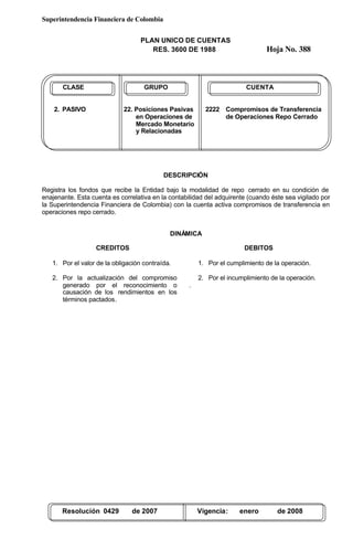 Superintendencia Financiera de Colombia
PLAN UNICO DE CUENTAS
RES. 3600 DE 1988 Hoja No. 388
Resolución 0429 de 2007 Vigencia: enero de 2008
CLASE GRUPO CUENTA
2. PASIVO 22. Posiciones Pasivas 2222 Compromisos de Transferencia
en Operaciones de de Operaciones Repo Cerrado
Mercado Monetario
y Relacionadas
DESCRIPCIÓN
Registra los fondos que recibe la Entidad bajo la modalidad de repo cerrado en su condición de
enajenante. Esta cuenta es correlativa en la contabilidad del adquirente (cuando éste sea vigilado por
la Superintendencia Financiera de Colombia) con la cuenta activa compromisos de transferencia en
operaciones repo cerrado.
DINÁMICA
CREDITOS
1. Por el valor de la obligación contraída.
2. Por la actualización del compromiso
generado por el reconocimiento o
causación de los rendimientos en los
términos pactados.
DEBITOS
1. Por el cumplimiento de la operación.
2. Por el incumplimiento de la operación.
.
 
