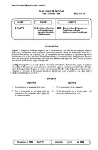 Superintendencia Financiera de Colombia
PLAN UNICO DE CUENTAS
RES. 3600 DE 1988 Hoja No. 397
Resolución 0429 de 2007 Vigencia: enero de 2008
CLASE GRUPO CUENTA
2. PASIVO 22. Posiciones Pasivas 2244 Compromisos Originados en
en Operaciones de Posiciones en Corto
Mercado Monetario de Operaciones Simultáneas
y Relacionadas
DESCRIPCIÓN
Registra la obligación financiera originada en la realización de una posición en corto por parte de
quien actuó inicialmente como adquirente (simultánea activa) a favor del enajenante inicial de la
operación simultánea, por el precio justo de intercambio del valor objeto de la operación registrado
inicialmente en la cuenta de orden contingente acreedora. Cuando el monto de la posición en corto
difiera del precio justo de intercambio del valor, esta diferencia se registrará como utilidad o pérdida
en el estado de resultados según corresponda.
La obligación registrada en el pasivo deberá valorarse y contabilizarse diariamente a precios de mercado
o actualizarse diariamente a precios justos de intercambio, según la naturaleza y características del valor
objeto de la operación y de acuerdo con los parámetros establecidos en las disposiciones vigentes sobre
valuación o valoración de inversiones financieras clasificadas como negociables y su efecto deberá
reflejarse en el estado de resultados.
DINÁMICA
CREDITOS
1. Por el valor de la obligación financiera.
2. Por el incremento en el precio justo de
intercambio del respectivo valor objeto de
la nueva operación.
DEBITOS
1. Por la cancelación de la obligación.
2. Por la disminución en el precio justo de
intercambio del respectivo valor.
 