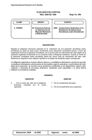 Superintendencia Financiera de Colombia
PLAN UNICO DE CUENTAS
RES. 3600 DE 1988 Hoja No. 406
Resolución 0429 de 2007 Vigencia: enero de 2008
CLASE GRUPO CUENTA
2. PASIVO 22. Posiciones Pasivas 2260 Compromisos Originados en la
en Operaciones de Realización de Operaciones
Mercado Monetario Simultáneas sobre Simultáneas
y Relacionadas
DESCRIPCIÓN
Registra la obligación financiera originada en la realización de una operación simultánea sobre
simultánea por parte de quien actuó inicialmente como adquirente (simultánea activa) a favor del
enajenante inicial de la operación simultánea, por el precio justo de intercambio del valor objeto de la
operación registrado inicialmente en la cuenta de orden contingente acreedora. Cuando el monto de
la operación simultánea sobre simultánea difiera del precio justo de intercambio del valor, esta
diferencia se registrará como utilidad o pérdida en el estado de resultados según corresponda.
La obligación registrada en el pasivo deberá valorarse y contabilizarse diariamente a precios de mercado
o actualizarse diariamente a precios justos de intercambio, según la naturaleza y características del valor
objeto de la operación y de acuerdo con los parámetros establecidos en las disposiciones vigentes sobre
valuación o valoración de inversiones financieras clasificadas como negociables y su efecto deberá
reflejarse en el estado de resultados.
DINAMICA
CREDITOS
3. Por el monto del valor de la obligación
financiera contraída por la nueva
operación.
DEBITOS
1. Por el cumplimiento del pacto.
2. Por el incumplimiento de la operación.
 