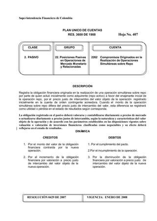 Superintendencia Financiera de Colombia
PLAN UNICO DE CUENTAS
RES. 3600 DE 1988 Hoja No. 407
RESOLUCIÓN 0429 DE 2007 VIGENCIA: ENERO DE 2008
CLASE GRUPO CUENTA
2. PASIVO 22. Posiciones Pasivas 2262 Compromisos Originados en la
en Operaciones de Realización de Operaciones
Mercado Monetario Simultáneas sobre Repo
y Relacionadas
DESCRIPCIÓN
Registra la obligación financiera originada en la realización de una operación simultánea sobre repo
por parte de quien actuó inicialmente como adquirente (repo activo) a favor del enajenante inicial de
la operación repo, por el precio justo de intercambio del valor objeto de la operación registrado
inicialmente en la cuenta de orden contingente acreedora. Cuando el monto de la operación
simultánea sobre repo difiera del precio justo de intercambio del valor, esta diferencia se registrará
como utilidad o pérdida en el estado de resultados según corresponda.
La obligación registrada en el pasivo deberá valorarse y contabilizarse diariamente a precios de mercado
o actualizarse diariamente a precios justos de intercambio, según la naturaleza y características del valor
objeto de la operación y de acuerdo con los parámetros establecidos en las disposiciones vigentes sobre
valuación o valoración de inversiones financieras clasificadas como negociables y su efecto deberá
reflejarse en el estado de resultados.
DINÁMICA
CREDITOS
1. Por el monto del valor de la obligación
financiera contraída por la nueva
operación.
2. Por el incremento de la obligación
financiera por valoración a precio justo
de intercambio del valor objeto de la
nueva operación.
DEBITOS
1. Por el cumplimiento del pacto.
2.Por el incumplimiento de la operación.
3. Por la disminución de la obligación
financiera por valoración a precio justo de
intercambio del valor objeto de la nueva
operación.
 