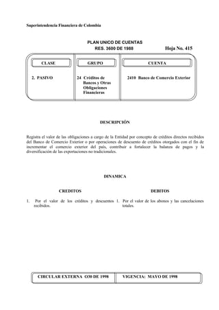 Superintendencia Financiera de Colombia
PLAN UNICO DE CUENTAS
RES. 3600 DE 1988 Hoja No. 415
CIRCULAR EXTERNA O30 DE 1998 VIGENCIA: MAYO DE 1998
CLASE GRUPO CUENTA
2. PASIVO 24 Créditos de 2410 Banco de Comercio Exterior
Bancos y Otras
Obligaciones
Financieras
DESCRIPCIÓN
Registra el valor de las obligaciones a cargo de la Entidad por concepto de créditos directos recibidos
del Banco de Comercio Exterior o por operaciones de descuento de créditos otorgados con el fin de
incrementar el comercio exterior del país, contribuir a fortalecer la balanza de pagos y la
diversificación de las exportaciones no tradicionales.
DINAMICA
CREDITOS
1. Por el valor de los créditos y descuentos
recibidos.
DEBITOS
1. Por el valor de los abonos y las cancelaciones
totales.
 