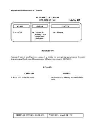 Superintendencia Financiera de Colombia
PLAN UNICO DE CUENTAS
RES. 3600 DE 1988 Hoja No. 417
CIRCULAR EXTERNA 030 DE 1998 VIGENCIA: MAYO DE 1998
CLASE GRUPO CUENTA
2. PASIVO 24 Créditos de 2413 Finagro
Bancos y Otras
Obligaciones
Financieras
DESCRIPCIÓN
Registra el valor de las obligaciones a cargo de la Entidad por concepto de operaciones de descuento
de créditos en el Fondo para el Financiamiento del Sector Agropecuario -FINAGRO-.
DINAMICA
CREDITOS
1. Por el valor de los descuentos.
DEBITOS
1. Por el valor de los abonos y las cancelaciones
totales.
 