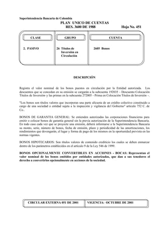 Superintendencia Bancaria de Colombia
PLAN UNICO DE CUENTAS
RES. 3600 DE 1988 Hoja No. 451
CIRCULAR EXTERNA 051 DE 2001 VIGENCIA: OCTUBRE DE 2001
CLASE GRUPO CUENTA
2. PASIVO 26 Títulos de 2605 Bonos
Inversión en
Circulación
DESCRIPCIÓN
Registra el valor nominal de los bonos puestos en circulación por la Entidad autorizada. Los
descuentos que se concedan en su emisión se cargarán a la subcuenta 192035 - Descuento Colocación
Títulos de Inversión- y las primas en la subcuenta 272005 - Prima en Colocación Títulos de Inversión -.
"Los bonos son títulos valores que incorporan una parte alícuota de un crédito colectivo constituido a
cargo de una sociedad o entidad sujeta a la inspección y vigilancia del Gobierno" artículo 752 C. de
Co..
BONOS DE GARANTIA GENERAL: Se entienden autorizadas las corporaciones financieras para
emitir o colocar bonos de garantía general sin la previa autorización de la Superintendencia Bancaria.
En todo caso cada vez que se proyecte una emisión, deberá informarse a la Superintendencia Bancaria
su monto, serie, número de bonos, fecha de emisión, plazo y periodicidad de las amortizaciones, los
rendimientos que devengarán, el lugar y forma de pago de los mismos en la oportunidad prevista en las
normas vigentes.
BONOS HIPOTECARIOS: Son títulos valores de contenido crediticio los cuales se deben enmarcar
dentro de los parámetros establecidos en el artículo 9 de la Ley 546 de 1999.
BONOS OPCIONALMENTE CONVERTIBLES EN ACCIONES - BOCAS: Representan el
valor nominal de los bonos emitidos por entidades autorizadas, que dan a sus tenedores el
derecho a convertirlos opcionalmente en acciones de la sociedad.
 