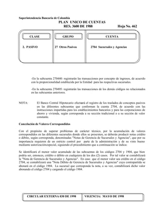 Superintendencia Bancaria de Colombia
PLAN UNICO DE CUENTAS
RES. 3600 DE 1988 Hoja No. 462
CIRCULAR EXTERNA 030 DE 1998 VIGENCIA: MAYO DE 1998
CLASE GRUPO CUENTA
2. PASIVO 27 Otros Pasivos 2704 Sucursales y Agencias
-En la subcuenta 270440: registrarán las transacciones por concepto de ingresos, de acuerdo
con la proporcionalidad establecida por la Entidad para las respectivas sucursales.
-En la subcuenta 270495: registrarán las transacciones de los demás códigos no relacionados
en las subcuentas anteriores.
NOTA: El Banco Central Hipotecario efectuará el registro de los traslados de conceptos pasivos
en las diferentes subcuentas que conforman la cuenta 2704, de acuerdo con las
instrucciones impartidas para los establecimientos bancarios y para las corporaciones de
ahorro y vivienda, según corresponda a su sección tradicional o a su sección de valor
constante.
Cancelación de Valores Correspondidos
Con el propósito de superar problemas de carácter técnico, por la acumulación de valores
correspondidos en las diferentes sucursales donde ellos se presenten, se deberán producir notas crédito
o débito, según corresponda, denominadas "Notas de Gerencia de Sucursales y Agencias", que por su
importancia requieren de un estricto control por parte de la administración y de su visto bueno
mediante autorizaciónespecial, siguiendo el procedimiento que a continuación se indica:
Se identificará el menor valor acumulado de las subcuentas de los códigos 2704 y 1904, que bien
podría ser, entonces, crédito o débito en cualquiera de los dos (2) casos. Por tal valor se contabilizará
la "Nota de Gerencia de Sucursales y Agencias". En caso que el menor valor sea crédito en el código
2704, se contabilizará una "Nota Débito de Gerencia de Sucursales y Agencias" cuya contrapartida se
abonará en el código 1904. La sucursal que corresponda la nota, a su vez, contabilizará dicho valor
abonando el código 2704 y cargando el código 1904.
 