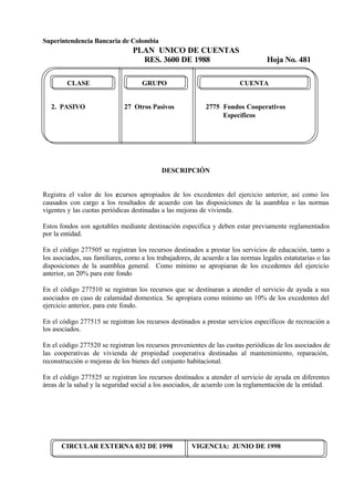 Superintendencia Bancaria de Colombia
PLAN UNICO DE CUENTAS
RES. 3600 DE 1988 Hoja No. 481
CIRCULAR EXTERNA 032 DE 1998 VIGENCIA: JUNIO DE 1998
CLASE GRUPO CUENTA
2. PASIVO 27 Otros Pasivos 2775 Fondos Cooperativos
Específicos
DESCRIPCIÓN
Registra el valor de los recursos apropiados de los excedentes del ejercicio anterior, así como los
causados con cargo a los resultados de acuerdo con las disposiciones de la asamblea o las normas
vigentes y las cuotas periódicas destinadas a las mejoras de vivienda.
Estos fondos son agotables mediante destinación especifica y deben estar previamente reglamentados
por la entidad.
En el código 277505 se registran los recursos destinados a prestar los servicios de educación, tanto a
los asociados, sus familiares, como a los trabajadores, de acuerdo a las normas legales estatutarias o las
disposiciones de la asamblea general. Como mínimo se apropiaran de los excedentes del ejercicio
anterior, un 20% para este fondo
En el código 277510 se registran los recursos que se destinaran a atender el servicio de ayuda a sus
asociados en caso de calamidad domestica. Se apropiara como mínimo un 10% de los excedentes del
ejercicio anterior, para este fondo.
En el código 277515 se registran los recursos destinados a prestar servicios específicos de recreación a
los asociados.
En el código 277520 se registran los recursos provenientes de las cuotas periódicas de los asociados de
las cooperativas de vivienda de propiedad cooperativa destinadas al mantenimiento, reparación,
reconstrucción o mejoras de los bienes del conjunto habitacional.
En el código 277525 se registran los recursos destinados a atender el servicio de ayuda en diferentes
áreas de la salud y la seguridad social a los asociados, de acuerdo con la reglamentación de la entidad.
 