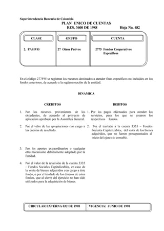 Superintendencia Bancaria de Colombia
PLAN UNICO DE CUENTAS
RES. 3600 DE 1988 Hoja No. 482
CIRCULAR EXTERNA 032 DE 1998 VIGENCIA: JUNIO DE 1998
CLASE GRUPO CUENTA
2. PASIVO 27 Otros Pasivos 2775 Fondos Cooperativos
Específicos
En el código 277595 se registran los recursos destinados a atender fines específicos no incluidos en los
fondos anteriores, de acuerdo a la reglamentación de la entidad.
DINAMICA
CREDITOS
1. Por los recursos provenientes de los
excedentes, de acuerdo al proyecto de
aplicación aprobado por la Asamblea General.
2. Por el valor de las apropiaciones con cargo a
las cuentas de resultado.
3. Por los aportes extraordinarios o cualquier
otro mecanismo debidamente adoptado por la
Entidad.
4. Por el valor de la reversión de la cuenta 3335
– Fondos Sociales Capitalizables, en caso de
la venta de bienes adquiridos con cargo a éste
fondo, o por el traslado de los dineros de estos
fondos, que al cierre del ejercicio no han sido
utilizados para la adquisición de bienes.
DEBITOS
1. Por los pagos efectuados para atender los
servicios, para los que se crearon los
respectivos fondos.
2. Por el traslado a la cuenta 3335 – Fondos
Sociales Capitalizables, del valor de los bienes
adquiridos, que no fueron presupuestados al
inicio del ejercicio contable.
 