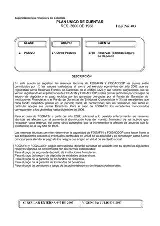 Superintendencia Financiera de Colombia
PLAN UNICO DE CUENTAS
RES. 3600 DE 1988 Hoja No. 483
CIRCULAR EXTERNA 047 DE 2007 VIGENCIA: JULIO DE 2007
CLASE GRUPO CUENTA
2. PASIVO 27. Otros Pasivos 2780 Reservas Técnicas Seguro
de Depósito
DESCRIPCIÓN
En esta cuenta se registran las reservas técnicas de FOGAFIN Y FOGACOOP las cuales están
constituidas por: (i) los valores trasladados al cierre del ejercicio económico del año 2002 que se
registraban como Reservas Fondos de Garantías en el código 3222 y sus valores subyacentes que se
venían registrando en el patrimonio de FOGAFIN y FOGACOOP; (ii) las primas recibidas por concepto de
seguro de depósito y el pago recibido por las garantías otorgadas por el Fondo de Garantías de
Instituciones Financieras o el Fondo de Garantías de Entidades Cooperativas y (iii) los excedentes que
cada fondo específico genere en un período fiscal, de conformidad con las decisiones que sobre el
particular adopte sus Juntas Directivas. Para el caso de FOGAFIN, los excedentes mencionados
corresponden a los obtenidos hasta diciembre de 2006.
Para el caso de FOGAFIN a partir del año 2007, adicional a lo previsto anteriormente, las reservas
técnicas se afectan con el aumento o disminución fruto del manejo financiero de los activos que
respaldan cada reserva, así como otros conceptos que la incrementan o afecten de acuerdo con lo
establecido en la Ley 510 de 1999.
Las reservas técnicas permiten determinar la capacidad de FOGAFIN y FOGACOOP para hacer frente a
sus obligaciones actuales o eventuales contraídas en virtud de su actividad y se constituyen como fuente
principal para atender el pago de los riesgos que origen en virtud de su objeto social.
FOGAFIN y FOGACOOP según corresponda, deberán constituir de acuerdo con su objeto las siguientes
reservas técnicas de conformidad con las normas establecidas:
Para el pago de seguro de depósito de instituciones financieras.
Para el pago del seguro de depósito de entidades cooperativas.
Para el pago de la garantía de los fondos de cesantías.
Para el pago de la garantía de los fondos de pensiones.
Para el pago de pensiones a cargo de las administradoras de riesgos profesionales.
 