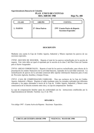 Superintendencia Bancaria de Colombia
PLAN UNICO DE CUENTAS
RES. 3600 DE 1988 Hoja No. 488
CIRCULAR EXTERNA 030 DE 1998 VIGENCIA: MAYO DE 1998
CLASE GRUPO CUENTA
2. PASIVO 27 Otros Pasivos 2797 Cuenta Pasiva de Reporte
Secciones Especiales
DESCRIPCIÓN
Mediante esta cuenta la Caja de Crédito Agrario, Industrial y Minero reportará los pasivos de sus
secciones especiales.
279705 -SECCION DE SEGUROS-. Reporta el total de los pasivos reclasificados de la sección de
seguros. Este valor debe ser igual al reportado por la sección en la clase 2 del Plan Unico de Cuentas
para el Sector Asegurador.
279710 -AREAS COMERCIALES.- Reporta el total de los pasivos reclasificados, para efectos de la
presentación de estados financieros de la actividad bancaria, separados de la actividad comercial. La
reclasificación de pasivos de la actividad comercial debe reportar información financiera para el área
de: Provisión Agrícola, Semillas y Granjas Ovinas.
279715 -CAJA DE COMPENSACION FAMILIAR-. Para uso exclusivo de la Caja de Crédito
Agrario, Industrial y Minero. Registra el saldo resultante entre los recaudos realizados por diferentes
conceptos y los pagos efectuados a través de la Caja de Crédito Agrario, Industrial y Minero como
consecuencia de la relación existente entre ésta y su caja de compensación familiar.
La caja de compensación familiar opera de conformidad con las instrucciones establecidas por la
Superintendencia de Subsidio Familiar. Ley 21 de 1982.
DINAMICA
Ver código 1997 -Cuenta Activa de Reporte - Secciones Especiales-.
 