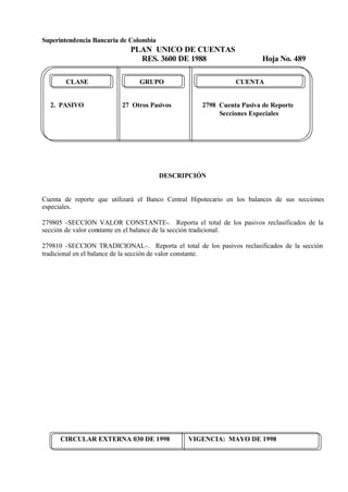 Superintendencia Bancaria de Colombia
PLAN UNICO DE CUENTAS
RES. 3600 DE 1988 Hoja No. 489
CIRCULAR EXTERNA 030 DE 1998 VIGENCIA: MAYO DE 1998
CLASE GRUPO CUENTA
2. PASIVO 27 Otros Pasivos 2798 Cuenta Pasiva de Reporte
Secciones Especiales
DESCRIPCIÓN
Cuenta de reporte que utilizará el Banco Central Hipotecario en los balances de sus secciones
especiales.
279805 -SECCION VALOR CONSTANTE-. Reporta el total de los pasivos reclasificados de la
sección de valor constante en el balance de la sección tradicional.
279810 -SECCION TRADICIONAL-. Reporta el total de los pasivos reclasificados de la sección
tradicional en el balance de la sección de valor constante.
 