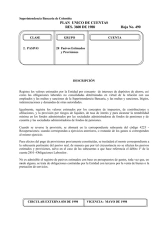 Superintendencia Bancaria de Colombia
PLAN UNICO DE CUENTAS
RES. 3600 DE 1988 Hoja No. 490
CIRCULAR EXTERNA 030 DE 1998 VIGENCIA: MAYO DE 1998
CLASE GRUPO CUENTA
2. PASIVO 28 Pasivos Estimados
y Provisiones
DESCRIPCIÓN
Registra los valores estimados por la Entidad por concepto de intereses de depósitos de ahorro, así
como las obligaciones laborales no consolidadas determinadas en virtud de la relación con sus
empleados y las multas y sanciones de la Superintendencia Bancaria, y las multas y sanciones, litigios,
indemnizaciones y demandas de otras autoridades.
Igualmente, registra los valores estimados por los conceptos de impuestos, de contribuciones y
afiliaciones, y la provisión por riesgos de liquidez, de tasa de interés y para alcanzar la rentabilidad
mínima en los fondos administrados por las sociedades administradoras de fondos de pensiones y de
cesantía y las sociedades administradoras de fondos de pensiones.
Cuando se reverse la provisión, se abonará en la correspondiente subcuenta del código 4225 -
Recuperaciones- cuando correspondan a ejercicios anteriores, o restando de los gastos si corresponden
al mismo ejercicio.
Para efectos del pago de provisiones previamente constituidas, se trasladará el monto correspondiente a
la subcuenta pertinente del pasivo real, de manera que por tal circunstancia no se afecten los pasivos
estimados y provisiones, salvo en el caso de las subcuentas a que hace referencia el débito 1º de la
cuenta 2810 -Obligaciones Laborales-.
No es admisible el registro de pasivos estimados con base en presupuestos de gastos, toda vez que, en
modo alguno, se trata de obligaciones contraídas por la Entidad con terceros por la venta de bienes o la
prestación de servicios.
 