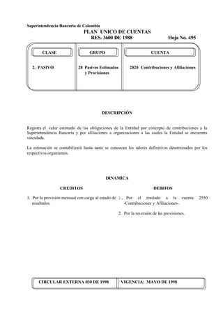 Superintendencia Bancaria de Colombia
PLAN UNICO DE CUENTAS
RES. 3600 DE 1988 Hoja No. 495
CIRCULAR EXTERNA 030 DE 1998 VIGENCIA: MAYO DE 1998
CLASE GRUPO CUENTA
2. PASIVO 28 Pasivos Estimados 2820 Contribuciones y Afiliaciones
y Provisiones
DESCRIPCIÓN
Registra el valor estimado de las obligaciones de la Entidad por concepto de contribuciones a la
Superintendencia Bancaria y por afiliaciones a organizaciones a las cuales la Entidad se encuentra
vinculada.
La estimación se contabilizará hasta tanto se conozcan los valores definitivos determinados por los
respectivos organismos.
DINAMICA
CREDITOS
1. Por la provisión mensual con cargo al estado de
resultados.
DEBITOS
1. Por el traslado a la cuenta 2550
-Contribuciones y Afiliaciones-.
2. Por la reversión de las provisiones.
 