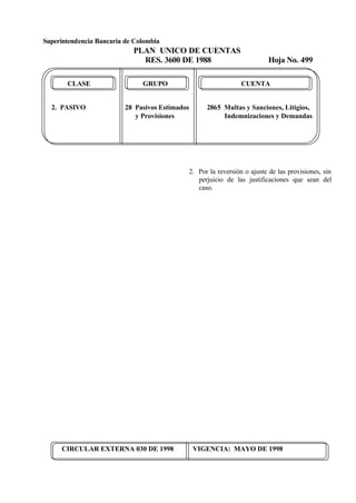 Superintendencia Bancaria de Colombia
PLAN UNICO DE CUENTAS
RES. 3600 DE 1988 Hoja No. 499
CIRCULAR EXTERNA 030 DE 1998 VIGENCIA: MAYO DE 1998
CLASE GRUPO CUENTA
2. PASIVO 28 Pasivos Estimados 2865 Multas y Sanciones, Litigios,
y Provisiones Indemnizaciones y Demandas
2. Por la reversión o ajuste de las provisiones, sin
perjuicio de las justificaciones que sean del
caso.
 