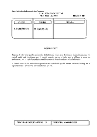 Superintendencia Bancaria de Colombia
PLAN UNICO DE CUENTAS
RES. 3600 DE 1988 Hoja No. 514
CIRCULAR EXTERNA 030 DE 1998 VIGENCIA: MAYO DE 1998
CLASE GRUPO CUENTA
3. PATRIMONIO 31 Capital Social
DESCRIPCION
Registra el valor total que los accionistas de la Entidad ponen a su disposición mediante acciones. El
capital social está constituido por el capital suscrito que es el valor que se obligan a pagar los
accionistas y por el capital pagado que es el ingreso real al patrimonio social de la Entidad.
El capital social de las entidades cooperativas está constituido por los aportes sociales (3135) y por el
capital mínimo e irreducible -sección ahorros- (3140).
 
