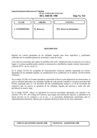 Superintendencia Bancaria de Colombia
PLAN UNICO DE CUENTAS
RES. 3600 DE 1988 Hoja No. 524
CIRCULAR EXTERNA 064 DE 1998 VIGENCIA: AGOSTO DE 1998
CLASE GRUPO CUENTA
3. PATRIMONIO 32 Reservas 3215 Reservas Ocasionales
DESCRIPCION
Registra los valores apropiados de las utilidades líquidas para fines específicos y justificados,
ordenados por la asamblea general de accionistas o junta de socios.
"Las reservas ocasionales que ordene la asamblea sólo serán obligatorias para el ejercicio en el cual se
hagan y la misma asamblea podrá cambiar su destinación o distribuirlas cuando resulten innecesarias".
(Artículo 453 C. de Co., inciso 2).
En el código 321525 las compañías de financiamiento comercial también registrarán los valores
apropiados de las utilidades líquidas, en cumplimiento de lo establecido en el artículo 130 del Estatuto
Tributario.
En el código 321540 los Fondos Ganaderos registrarán la Reserva para Reposición de Semovientes, la
cual se calculará aplicando a las utilidades líquidas de cada período contable la variación porcentual del
PAAG, registrada entre el 1 de diciembre del año inmediatamente anterior y el 30 de noviembre del
respectivo año. La reserva se apropiará de las utilidades líquidas del ejercicio y sobre ella sólo
prevalecerá la reserva legal.
En el código 321595 -Otras- se registrarán las reservas ocasionales apropiadas con sujeción a los
artículos 154 y 453 del Código de Comercio, que tengan una destinación especial, se aprueben en la
forma prevista en los estatutos o en la ley y se encuentren debidamente justificadas ante la
Superintendencia Bancaria; además que no puedan clasificarse dentro de las otras subcuentas.
 