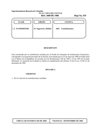 Superintendencia Bancaria de Colombia
PLAN UNICO DE CUENTAS
RES. 3600 DE 1988 Hoja No. 535
CIRCULAR EXTERNA 042 DE 2002 VIGENCIA: SEPTIEMBRE DE 2002
CLASE GRUPO CUENTA
3. PATRIMONIO 34 Superávit o Déficit 3407 Contribuciones
DESCRIPCION
Esta constituida por la contribución recibida por el Fondo de Garantías de Instituciones Financieras,
corresponde a la asunción por parte de la Nación, de la deuda que al 23 de mayo de 1990 el Fondo tenía
con el Banco de la República, de acuerdo con las Resoluciones 104 de 1985 y 32 de 1987 de la Junta
Monetaria. La asunción de la deuda se realizó en cumplimiento del artículo 16 de la Ley 74 del 21 de
diciembre de 1989.
DINAMICA
CREDITOS
1. Por el valor de las contribuciones recibidas.
 