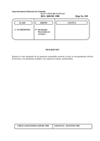 Superintendencia Bancaria de Colombia
PLAN UNICO DE CUENTAS
RES. 3600 DE 1988 Hoja No. 549
CIRCULAR EXTERNA 030 DE 1998 VIGENCIA: MAYO DE 1998
CLASE GRUPO CUENTA
3. PATRIMONIO 37 Dividendos
Decretados en
Acciones
DESCRIPCION
Registra el valor apropiado de las ganancias acumuladas mientras se hace la correspondiente emisión
de acciones y los pertinentes traslados a las respectivas cuentas patrimoniales.
 