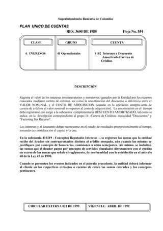Superintendencia Bancaria de Colombia
PLAN UNICO DE CUENTAS
RES. 3600 DE 1988 Hoja No. 554
CIRCULAR EXTERNA 022 DE 1999 VIGENCIA: ABRIL DE 1999
CLASE GRUPO CUENTA
4. INGRESOS 41 Operacionales 4102 Intereses y Descuento
Amortizado Cartera de
Créditos
DESCRIPCIÓN
Registra el valor de los intereses (remuneratorios y moratorios) ganados por la Entidad por los recursos
colocados mediante cartera de créditos, así como la amortización del descuento o diferencia entre el
VALOR NOMINAL y el COSTO DE ADQUISICION (cuando en la operación compra-venta de
cartera de créditos el valor nominal es superior al costo de adquisición). La amortización en el tiempo
debe registrarse con cargo a la subcuenta complementaria DESCUENTO AMORTIZADO, tal como se
indica en la descripción correspondiente al grupo 14 -Cartera de Créditos- modalidad "Descuentos" y
"Factoring Sin Recurso".
Los intereses y el descuento deben reconocerse en el estado de resultados proporcionalmente al tiempo,
tomando en consideración el capital y la tasa.
En la subcuenta 410219 - Conceptos Reputados Intereses -, se registran las sumas que la entidad
recibe del deudor sin contraprestación distinta al crédito otorgado, aún cuando las mismas se
justifiquen por concepto de honorarios, comisiones u otros semejantes. Así mismo, se incluirán
las sumas que el deudor pague por concepto de servicios vinculados directamente con el crédito
en exceso de las sumas que señale el reglamento, de conformidad con lo establecido en el artículo
68 de la Ley 45 de 1990.
Cuando se presenten los eventos indicados en el párrafo precedente, la entidad deberá informar
al cliente en los respectivos extractos o cuentas de cobro las sumas cobradas y los conceptos
pertinentes.
 