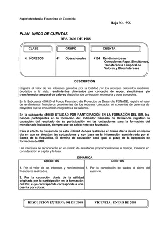 Superintendencia Financiera de Colombia
Hoja No. 556
PLAN UNICO DE CUENTAS
RES. 3600 DE 1988
RESOLUCIÓN EXTERNA 001 DE 2008 VIGENCIA: ENERO DE 2008
CLASE GRUPO CUENTA
4. INGRESOS 41 Operacionales 4104 Rendimientosen
Operaciones Repo, Simultáneas,
Transferencia Temporal de
Valores y Otros Intereses
DESCRIPCIÓN
Registra el valor de los intereses ganados por la Entidad por los recursos colocados mediante
depósitos a la vista, rendimientos dinerarios por concepto de repos, simultáneas y/o
transferencia temporal de valores, depósitos de contracción monetaria y otros conceptos.
En la Subcuenta 410450 el Fondo Financiero de Proyectos de Desarrollo FONADE, registra el valor
de rendimientos financieros provenientes de los recursos colocados en convenios de gerencia de
proyectos que se encuentran integrados a su balance.
En la subcuenta 410490 UTILIDAD POR PARTICIPACIÓN EN LA FORMACIÓN DEL IBR, los
bancos participantes en la formación del Indicador Bancario de Referencia registran la
causación del resultado de su participación en las cotizaciones para la formación del
mencionado indicador, siempre que su saldo neto sea favorable.
Para el efecto, la causación de esta utilidad deberá realizarse en forma diaria desde el mismo
día en que se efectúan las cotizaciones y con base en la información suministrada por el
Banco de la República. El término de causación será igual al plazo de la operación de
formación del IBR.
Los intereses se reconocerán en el estado de resultados proporcionalmente al tiempo, tomando en
consideración el capital y la tasa.
DINAMICA
CREDITOS
1. Por el valor de los intereses y rendimientos
financieros realizados.
2. Por la causación diaria de la utilidad
originada por la participación en la formación
del IBR, cuya contrapartida corresponde a una
cuenta por cobrar.
DEBITOS
1. Por la cancelación de saldos al cierre del
ejercicio.
 