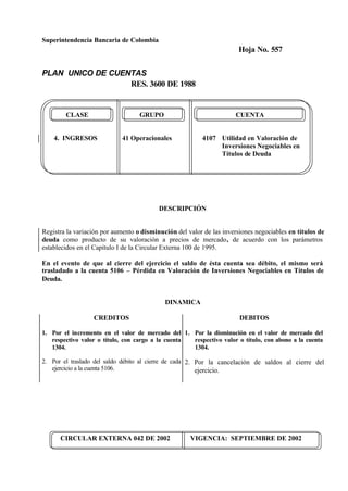 Superintendencia Bancaria de Colombia
Hoja No. 557
PLAN UNICO DE CUENTAS
RES. 3600 DE 1988
CIRCULAR EXTERNA 042 DE 2002 VIGENCIA: SEPTIEMBRE DE 2002
CLASE GRUPO CUENTA
4. INGRESOS 41 Operacionales 4107 Utilidad en Valoración de
Inversiones Negociables en
Títulos de Deuda
DESCRIPCIÓN
Registra la variación por aumento o disminución del valor de las inversiones negociables en títulos de
deuda como producto de su valoración a precios de mercado, de acuerdo con los parámetros
establecidos en el Capítulo I de la Circular Externa 100 de 1995.
En el evento de que al cierre del ejercicio el saldo de ésta cuenta sea débito, el mismo será
trasladado a la cuenta 5106 – Pérdida en Valoración de Inversiones Negociables en Títulos de
Deuda.
DINAMICA
CREDITOS
1. Por el incremento en el valor de mercado del
respectivo valor o título, con cargo a la cuenta
1304.
2. Por el traslado del saldo débito al cierre de cada
ejercicio a la cuenta 5106.
DEBITOS
1. Por la disminución en el valor de mercado del
respectivo valor o título, con abono a la cuenta
1304.
2. Por la cancelación de saldos al cierre del
ejercicio.
 