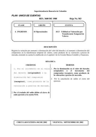 Superintendencia Bancaria de Colombia
PLAN UNICO DE CUENTAS
RES. 3600 DE 1988 Hoja No. 563
CIRCULAR EXTERNA 042 DE 2002 VIGENCIA: SEPTIEMBRE DE 2002
CLASE GRUPO CUENTA
4. INGRESOS 41 Operacionales 4113 Utilidad en Valoración por
Transferencia Temporal de
Valores
DESCRIPCIÓN
Registra la variación por aumento o disminución del valor del derecho o el aumento o disminución del
compromiso en la transferencia temporal de valores, como producto de su valoración a precios de
mercado, teniendo en cuenta lo establecido en el capítulo I de la Circular Básica Contable y Financiera.
DINAMICA
CREDITOS
1. Por el incremento en el valor
del derecho (originador) o la
disminución del compromiso
(receptor), como producto de la
valoración a precios de mercado.
2. Por el traslado del saldo débito al cierre de
cada ejercicio a la cuenta 5114.
DEBITOS
1. Por la disminución en el valor del derecho
(originador) o el incremento del
compromiso (receptor), como producto de
la valoración a precios de mercado.
2. Por la cancelación de saldos al cierre del
ejercicio.
 