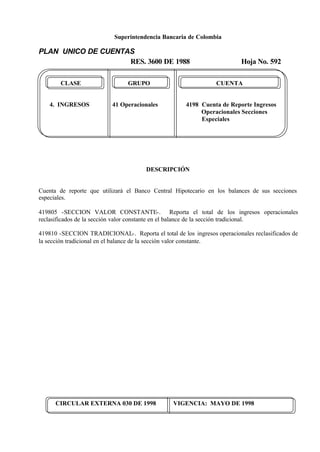 Superintendencia Bancaria de Colombia
PLAN UNICO DE CUENTAS
RES. 3600 DE 1988 Hoja No. 592
CIRCULAR EXTERNA 030 DE 1998 VIGENCIA: MAYO DE 1998
CLASE GRUPO CUENTA
4. INGRESOS 41 Operacionales 4198 Cuenta de Reporte Ingresos
Operacionales Secciones
Especiales
DESCRIPCIÓN
Cuenta de reporte que utilizará el Banco Central Hipotecario en los balances de sus secciones
especiales.
419805 -SECCION VALOR CONSTANTE-. Reporta el total de los ingresos operacionales
reclasificados de la sección valor constante en el balance de la sección tradicional.
419810 -SECCION TRADICIONAL-. Reporta el total de los ingresos operacionales reclasificados de
la sección tradicional en el balance de la sección valor constante.
 