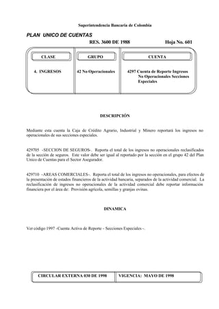 Superintendencia Bancaria de Colombia
PLAN UNICO DE CUENTAS
RES. 3600 DE 1988 Hoja No. 601
CIRCULAR EXTERNA 030 DE 1998 VIGENCIA: MAYO DE 1998
CLASE GRUPO CUENTA
4. INGRESOS 42 No Operacionales 4297 Cuenta de Reporte Ingresos
No Operacionales Secciones
Especiales
DESCRIPCIÓN
Mediante esta cuenta la Caja de Crédito Agrario, Industrial y Minero reportará los ingresos no
operacionales de sus secciones especiales.
429705 -SECCION DE SEGUROS-. Reporta el total de los ingresos no operacionales reclasificados
de la sección de seguros. Este valor debe ser igual al reportado por la sección en el grupo 42 del Plan
Unico de Cuentas para el Sector Asegurador.
429710 -AREAS COMERCIALES-. Reporta el total de los ingresos no operacionales, para efectos de
la presentación de estados financieros de la actividad bancaria, separados de la actividad comercial. La
reclasificación de ingresos no operacionales de la actividad comercial debe reportar información
financiera por el área de: Provisión agrícola, semillas y granjas ovinas.
DINAMICA
Ver código 1997 -Cuenta Activa de Reporte - Secciones Especiales -.
 