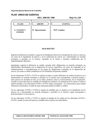 Superintendencia Bancaria de Colombia
PLAN UNICO DE CUENTAS
RES. 3600 DE 1988 Hoja No. 628
CIRCULAR EXTERNA 030 DE 1998 VIGENCIA: MAYO DE 1998
CLASE GRUPO CUENTA
5. GASTOS Y 51 Operacionales 5135 Cambios
COSTOS
DESCRIPCIÓN
Registra la diferencia en cambio a cargo de la Entidad por efecto de la reexpresión de activos y pasivos,
así como de la liquidación de pasivos y de la realización de activos en o denominados en moneda
extranjera o poseídos en el exterior, calculada en la forma y términos establecidos por la
Superintendencia Bancaria.
Igualmente, registra la diferencia en cambio causada sobre obligaciones en moneda extranjera, no
identificables directamente con la adquisición de activos específicos, así como las originadas en el
refinanciamiento o incumplimiento en los pagos de obligaciones contraidas en la adquisición de
activos, las cuales se deben contabilizar en los resultados del período contable.
En las subcuentas 513525 y 513535 se registra la mayor o menor diferencia en cambio de pasivos en o
denominados en moneda extranjera o poseídos en el exterior que correspondan a posición propia y
otros pasivos no incluidos en ésta, en su orden, producto, única y exclusivamente, de su reexpresión.
Cuando al cierre del ejercicio contable el resultado sea contrario a la naturaleza de la cuenta, el saldo se
deberá trasladar a las subcuentas 413545 y 413555 según corresponda. En consecuencia, para estados
financieros intermedios, el saldo de estas subcuentas podrá ser débito o crédito.
En las subcuentas 513530 y 513540 se registra las pérdidas que se originen en la liquidación de los
pasivos en o denominados en moneda extranjera o poseídos en el exterior, según corresponda a
posición propia o a otros pasivos.
En las subcuentas 513545 y 513555 se registra el traslado de los saldos de las subcuentas 413525 y
413535, cuando al cierre del ejercicio contable éstos resulten con saldo débito.
 