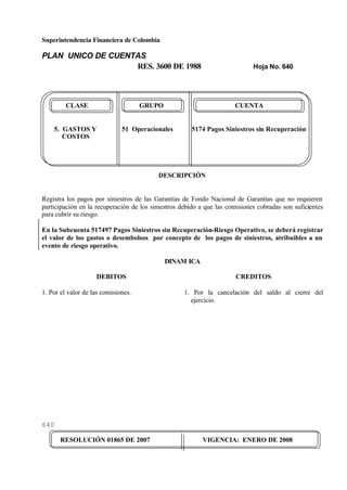Superintendencia Financiera de Colombia
PLAN UNICO DE CUENTAS
RES. 3600 DE 1988 Hoja No. 640
640
RESOLUCIÓN 01865 DE 2007 VIGENCIA: ENERO DE 2008
CLASE GRUPO CUENTA
5. GASTOS Y 51 Operacionales 5174 Pagos Siniestros sin Recuperación
COSTOS
DESCRIPCIÓN
Registra los pagos por siniestros de las Garantías de Fondo Nacional de Garantías que no requieren
participación en la recuperación de los siniestros debido a que las comisiones cobradas son suficientes
para cubrir su riesgo.
En la Subcuenta 517497 Pagos Siniestros sin Recuperación-Riesgo Operativo, se deberá registrar
el valor de los gastos o desembolsos por concepto de los pagos de siniestros, atribuibles a un
evento de riesgo operativo.
DINAM ICA
DEBITOS
1. Por el valor de las comisiones.
CREDITOS
1. Por la cancelación del saldo al cierre del
ejercicio.
 