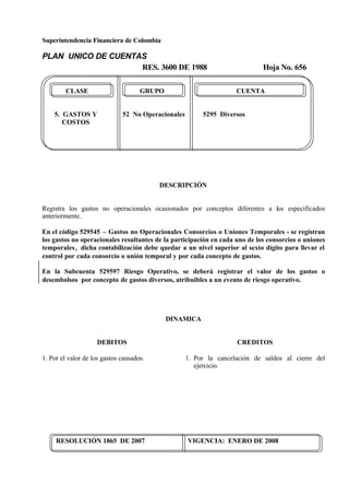 Superintendencia Financiera de Colombia
PLAN UNICO DE CUENTAS
RES. 3600 DE 1988 Hoja No. 656
RESOLUCIÓN 1865 DE 2007 VIGENCIA: ENERO DE 2008
CLASE GRUPO CUENTA
5. GASTOS Y 52 No Operacionales 5295 Diversos
COSTOS
DESCRIPCIÓN
Registra los gastos no operacionales ocasionados por conceptos diferentes a los especificados
anteriormente.
En el código 529545 – Gastos no Operacionales Consorcios o Uniones Temporales - se registran
los gastos no operacionales resultantes de la participación en cada uno de los consorcios o uniones
temporales, dicha contabilización debe quedar a un nivel superior al sexto dígito para llevar el
control por cada consorcio o unión temporal y por cada concepto de gastos.
En la Subcuenta 529597 Riesgo Operativo, se deberá registrar el valor de los gastos o
desembolsos por concepto de gastos diversos, atribuibles a un evento de riesgo operativo.
DINAMICA
DEBITOS
1. Por el valor de los gastos causados.
CREDITOS
1. Por la cancelación de saldos al cierre del
ejercicio.
 