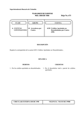 Superintendencia Bancaria de Colombia
PLAN UNICO DE CUENTAS
RES. 3600 DE 1988 Hoja No. 671
CIRCULAR EXTERNA 030 DE 1998 VIGENCIA: MAYO DE 19988
CLASE GRUPO CUENTA
6. CUENTAS 61 Acreedoras por 6120 Créditos Aprobados no
CONTINGENTES Contra Desembolsados por Contra
(DB)
DESCRIPCIÓN
Registra la contrapartida de la cuenta 6220 -Créditos Aprobados no Desembolsados-.
DINAMICA
DEBITOS
1. Por los créditos aprobados no desembolsados.
CREDITOS
1. Por el desembolso total o parcial de créditos
aprobados.
 