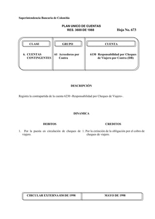 Superintendencia Bancaria de Colombia
PLAN UNICO DE CUENTAS
RES. 3600 DE 1988 Hoja No. 673
CIRCULAR EXTERNA 030 DE 1998 MAYO DE 1998
CLASE GRUPO CUENTA
6. CUENTAS 61 Acreedoras por 6130 Responsabilidad por Cheques
CONTINGENTES Contra de Viajero por Contra (DB)
DESCRIPCIÓN
Registra la contrapartida de la cuenta 6230 -Responsabilidad por Cheques de Viajero-.
DINAMICA
DEBITOS
1. Por la puesta en circulación de cheques de
viajero.
CREDITOS
1. Por la extinción de la obligación por el cobro de
cheques de viajero.
 