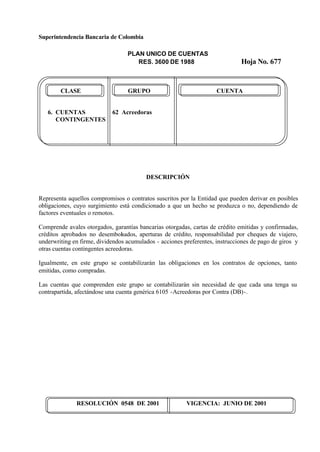 Superintendencia Bancaria de Colombia
PLAN UNICO DE CUENTAS
RES. 3600 DE 1988 Hoja No. 677
RESOLUCIÓN 0548 DE 2001 VIGENCIA: JUNIO DE 2001
CLASE GRUPO CUENTA
6. CUENTAS 62 Acreedoras
CONTINGENTES
DESCRIPCIÓN
Representa aquellos compromisos o contratos suscritos por la Entidad que pueden derivar en posibles
obligaciones, cuyo surgimiento está condicionado a que un hecho se produzca o no, dependiendo de
factores eventuales o remotos.
Comprende avales otorgados, garantías bancarias otorgadas, cartas de crédito emitidas y confirmadas,
créditos aprobados no desembolsados, aperturas de crédito, responsabilidad por cheques de viajero,
underwriting en firme, dividendos acumulados - acciones preferentes, instrucciones de pago de giros y
otras cuentas contingentes acreedoras.
Igualmente, en este grupo se contabilizarán las obligaciones en los contratos de opciones, tanto
emitidas, como compradas.
Las cuentas que comprenden este grupo se contabilizarán sin necesidad de que cada una tenga su
contrapartida, afectándose una cuenta genérica 6105 -Acreedoras por Contra (DB)-.
 