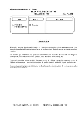 Superintendencia Bancaria de Colombia
PLAN UNICO DE CUENTAS
RES. 3600 DE 1988 Hoja No. 672
CIRCULAR EXTERNA 076 DE 1998 VIGENCIA: OCTUBRE DE 1998
CLASE GRUPO CUENTA
6. CUENTAS 64 Deudoras
CONTINGENTES
DESCRIPCIÓN
Representa aquellos contratos suscritos por la Entidad que pueden derivar en posibles derechos, cuyo
surgimiento está condicionado a que un hecho se produzca o no, dependiendo de factores eventuales o
remotos.
Las cue ntas que conforman este grupo se contabilizarán sin necesidad de que cada una tenga su
contrapartida, afectándose una cuenta genérica, 6305 -Deudoras por Contra (CR)-.
Comprende comisión retiros parciales, intereses cartera de créditos, corrección monetaria cartera de
créditos, arrendamiento y sanciones en contratos de leasing, cánones por recibir y otras contingencias.
Igualmente, en este grupo se contabilizarán los derechos en los contratos, tanto de opciones compradas,
como de opciones emitidas.
 