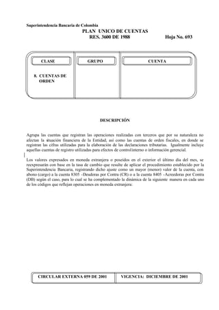 Superintendencia Bancaria de Colombia
PLAN UNICO DE CUENTAS
RES. 3600 DE 1988 Hoja No. 693
CIRCULAR EXTERNA 059 DE 2001 VIGENCIA: DICIEMBRE DE 2001
CLASE GRUPO CUENTA
8. CUENTAS DE
ORDEN
DESCRIPCIÓN
Agrupa las cuentas que registran las operaciones realizadas con terceros que por su naturaleza no
afectan la situación financiera de la Entidad, así como las cuentas de orden fiscales, en donde se
registran las cifras utilizadas para la elaboración de las declaraciones tributarias. Igualmente incluye
aquellas cuentas de registro utilizadas para efectos de controlinterno o información gerencial.
Los valores expresados en moneda extranjera o poseídos en el exterior el último día del mes, se
reexpresarán con base en la tasa de cambio que resulte de aplicar el procedimiento establecido por la
Superintendencia Bancaria, registrando dicho ajuste como un mayor (menor) valor de la cuenta, con
abono (cargo) a la cuenta 8305 -Deudoras por Contra (CR) o a la cuenta 8405 -Acreedoras por Contra
(DB) según el caso, para lo cual se ha complementado la dinámica de la siguiente manera en cada uno
de los códigos que reflejan operaciones en moneda extranjera:
 