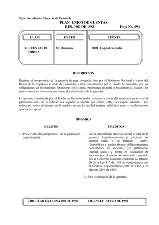 Superintendencia Bancaria de Colombia
PLAN UNICO DE CUENTAS
RES. 3600 DE 1988 Hoja No. 694
CIRCULAR EXTERNA 030 DE 1998 VIGENCIA: MAYO DE 1998
CLASE GRUPO CUENTA
8. CUENTAS DE 81 Deudoras 8101 Capital Garantía
ORDEN
DESCRIPCIÓN
Registra el compromiso de la garantía de pago otorgada, bien por el Gobierno Nacional a través del
Banco de la República (Fondo de Garantías), o bien directamente por el Fondo de Garantías, por las
obligaciones de instituciones financieras cuyo capital pertenezca en parte o totalmente al Estado. El
aporte estatal se determina conforme al valor nominal de la garantía.
La garantía constituida por el Fondo de Garantías podrá reducirse a partir del momento en el cual el
patrimonio neto de la entidad sea superior al sesenta por ciento (60%) del capital suscrito. Tal
reducción podrá efectuarse en la medida en que la entidad registre utilidades netas o reciba nuevos
aportes de capital.
DINAMICA
DEBITOS
1. Por el valor del compromiso de la garantía de
pago otorgada.
CREDITOS
1. Por el desembolso efectivo parcial o total de la
garantía. Simultáneamente se afectarán las
cuentas reales o de balance - activo
(disponible) y pasivo (bonos obligatoriamente
convertibles en acciones) y/o patrimonio
(capital social) y prima en colocación de
acciones por el monto efectivamente aportado
por el Gobierno Nacional conforme al artículo
20 de la Ley 117 de 1985 en concordancia con
el Decreto Reglamentario 2008 de 1986 y el
Decreto 2154 de 1989.
2. Por disminución de la garantía.
 