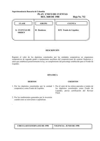 Superintendencia Bancaria de Colombia
PLAN UNICO DE CUENTAS
RES. 3600 DE 1988 Hoja No. 712
CIRCULAR EXTERNA 032 DE 1998 VIGENCIA: JUNIO DE 1998
CLASE GRUPO CUENTA
8. CUENTAS DE 81 Deudoras 8151 Fondo de Liquidez
ORDEN
DESCRIPCIÓN
Registra el valor de los depósitos constituidos por las entidades cooperativas en organismos
cooperativos de segundo grado o instituciones auxiliares del cooperativismo de carácter financiero y
otras que establezca posteriormente la ley, en cumplimiento del porcentaje establecido para el Fondo de
Liquidez.
DINAMICA
DEBITOS
1. Por los depósitos constituidos por la entidad
cooperativa, como Fondo de Liquidez.
2. Por los rendimientos generados por la inversión
cuando estos se reinvierten o capitalizan.
.
CREDITOS
1. Por el valor de los retiros parciales o totales de
los depósitos constituidos como Fondo de
Liquidez, previa certificación del Revisor
Fiscal.
 