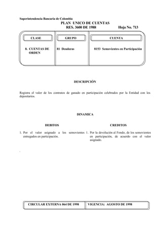 Superintendencia Bancaria de Colombia
PLAN UNICO DE CUENTAS
RES. 3600 DE 1988 Hoja No. 713
CIRCULAR EXTERNA 064 DE 1998 VIGENCIA: AGOSTO DE 1998
CLASE GRUPO CUENTA
8. CUENTAS DE 81 Deudoras 8153 Semovientes en Participación
ORDEN
DESCRIPCIÓN
Registra el valor de los contratos de ganado en participación celebrados por la Entidad con los
depositarios.
DINAMICA
DEBITOS
1. Por el valor asignado a los semovientes
entregados en participación.
.
CREDITOS
1. Por la devolución al Fondo, de los semovientes
en participación, de acuerdo con el valor
asignado.
 