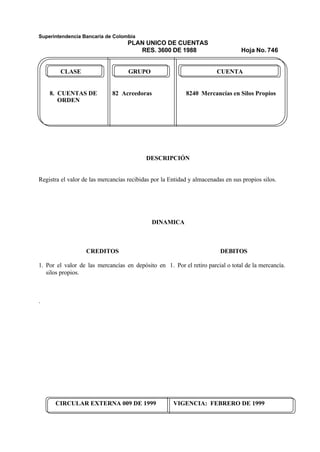 Superintendencia Bancaria de Colombia
PLAN UNICO DE CUENTAS
RES. 3600 DE 1988 Hoja No. 746
CIRCULAR EXTERNA 009 DE 1999 VIGENCIA: FEBRERO DE 1999
CLASE GRUPO CUENTA
8. CUENTAS DE 82 Acreedoras 8240 Mercancías en Silos Propios
ORDEN
DESCRIPCIÓN
Registra el valor de las mercancías recibidas por la Entidad y almacenadas en sus propios silos.
DINAMICA
CREDITOS
1. Por el valor de las mercancías en depósito en
silos propios.
.
DEBITOS
1. Por el retiro parcial o total de la mercancía.
 